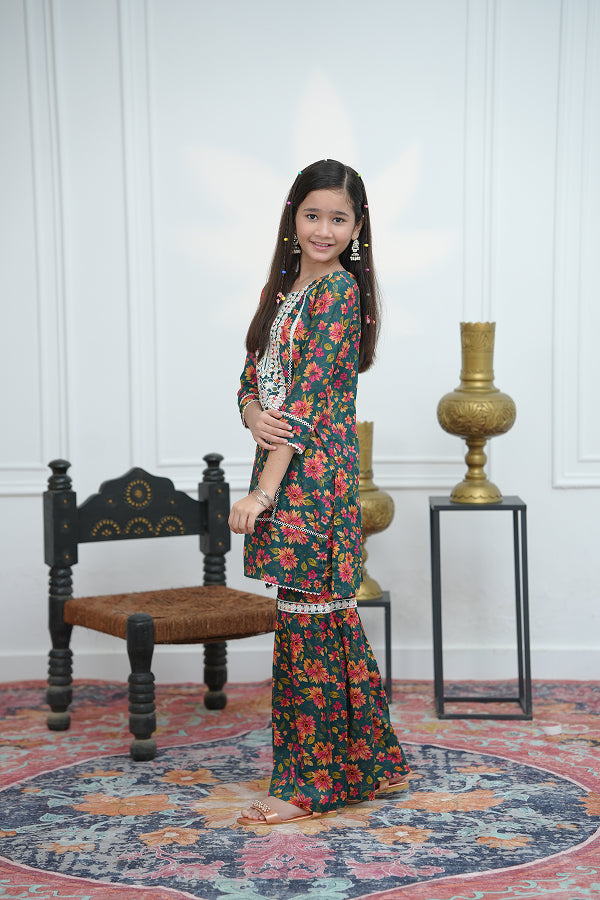 Emerald Garden Gharara (Green Floral)