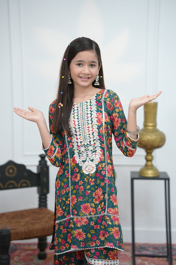 Emerald Garden Gharara (Green Floral)