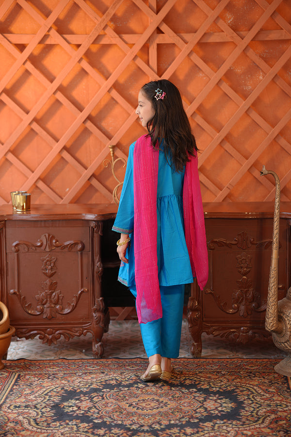 The Sapphire Splash (Blue with Pink Dupatta)